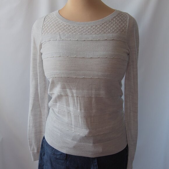 Loft Long-Sleeve Lattice/Ruffle Detailed Sweater in Heathered Tan  Size SP - Picture 1 of 15